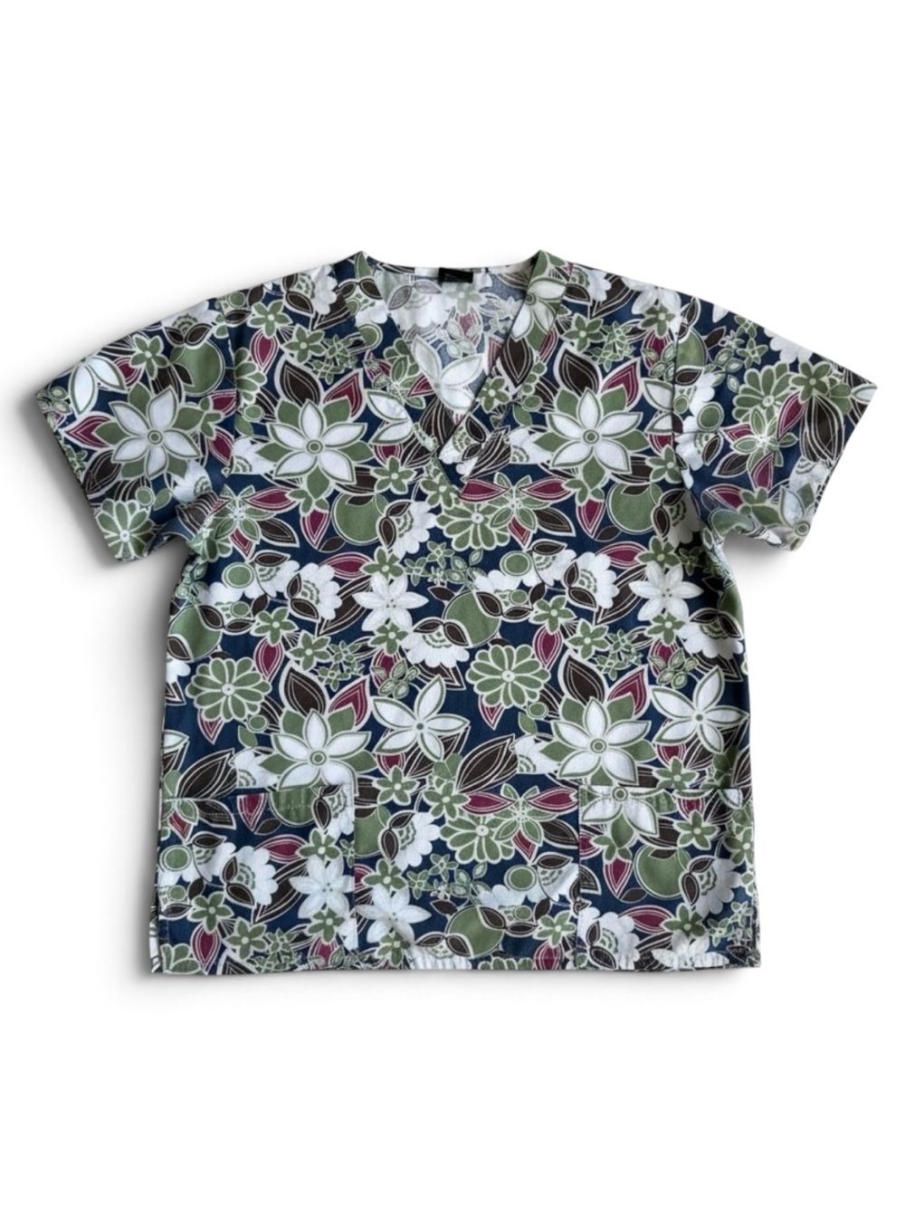 Medgear Floral Scrub Top Cottagecore V Neck Medical Shirt Nurse Blue Green M